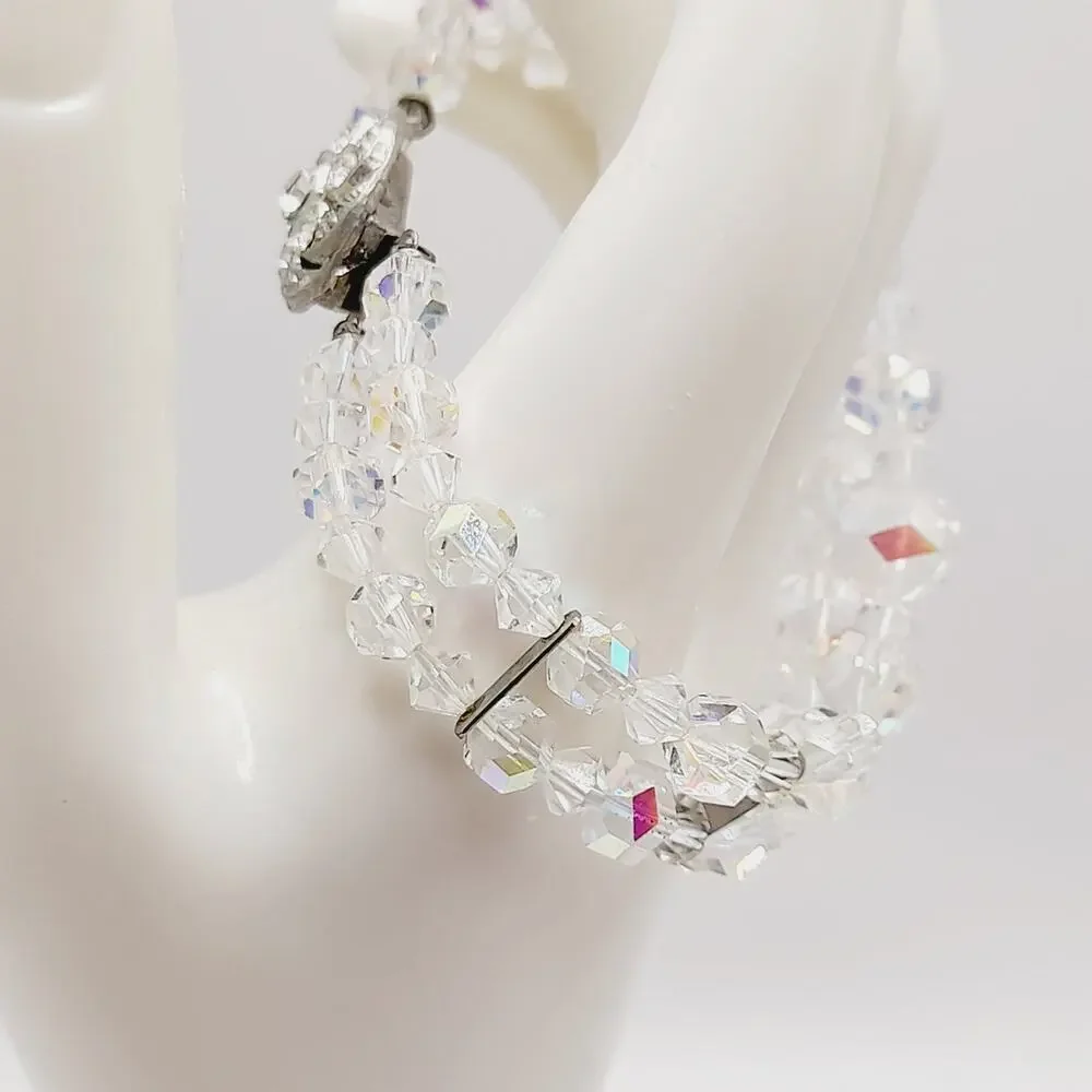 Vintage 1950s Wedding Bracelet, Aurora Borealis Crystal Beads, Rhinestone Clasp